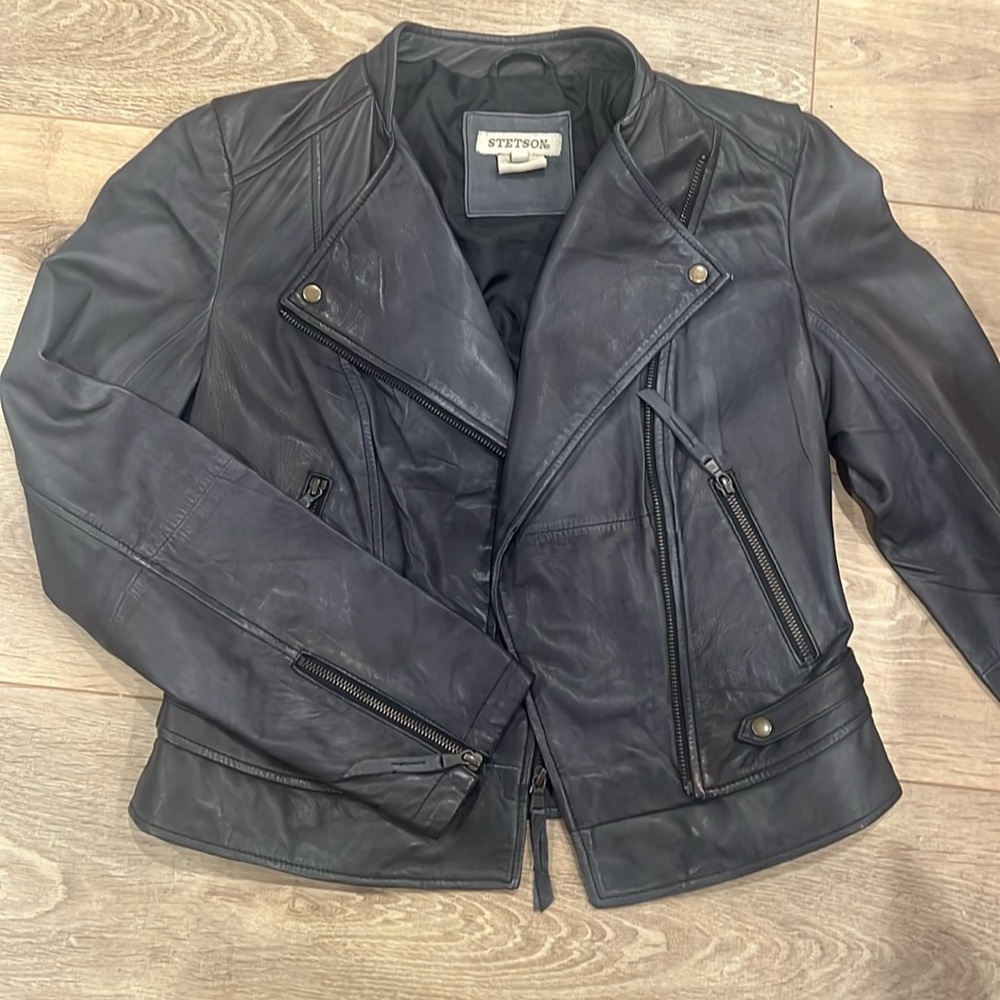 Stetson gray leather motocycle jacket size small
